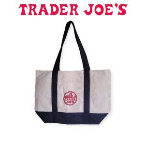 Trader Joe’s Large Cotton Canvas Tote Navy Cream Reusable Grocery Beach Bag NWT